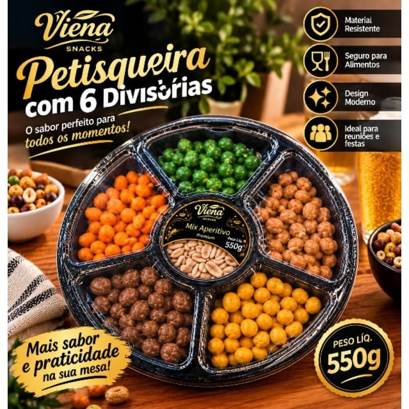 Petisqueira De Vidro Viena Premium 550g Mix Aperitivos Snacks Para Churrasco Festa Bar Boteco