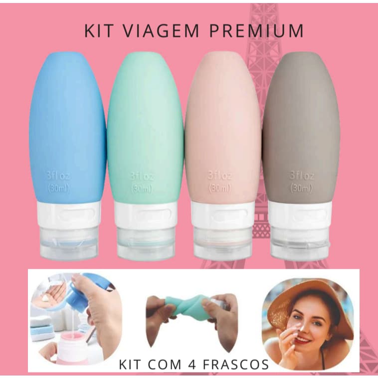 Kit Viagem 4 Frascos Silicone Pote 90ml Porta Creme Shampoo Perfume Loção Corporal Sabonete Líquido