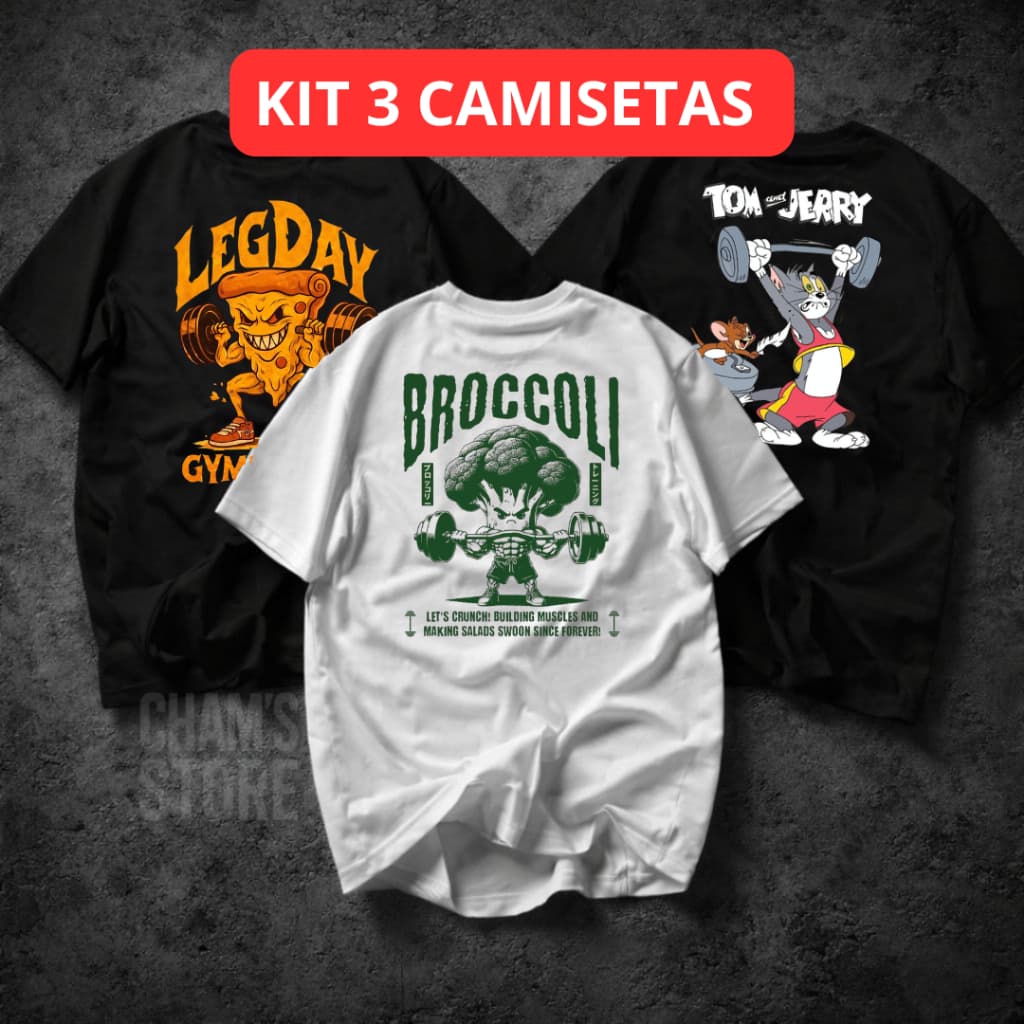 Kit 3 Camisa Camiseta Masculina E Feminina 100% Algodão Premium - Brócolis , tom e Jerry , Pizza