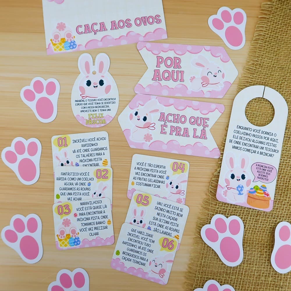 Kit Caça ao Tesouro Páscoa Infantil | Caça aos Ovos Criança | Patinhas Coelho + Pistas + Tag