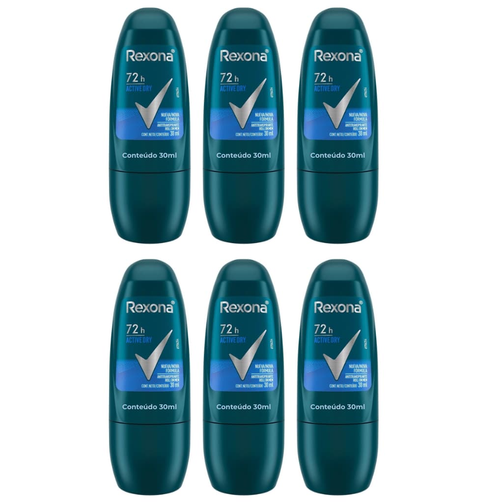Kit 06un Desodorante Antitranspirante Roll On Rexona Men Active Dry 30ml