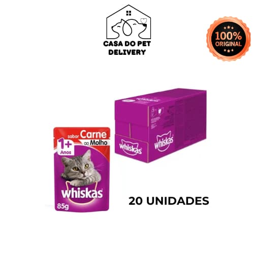 Ração Úmida Whiskas Sachê Carne ao Molho para Gatos Adultos - 20 Sachês de 85g