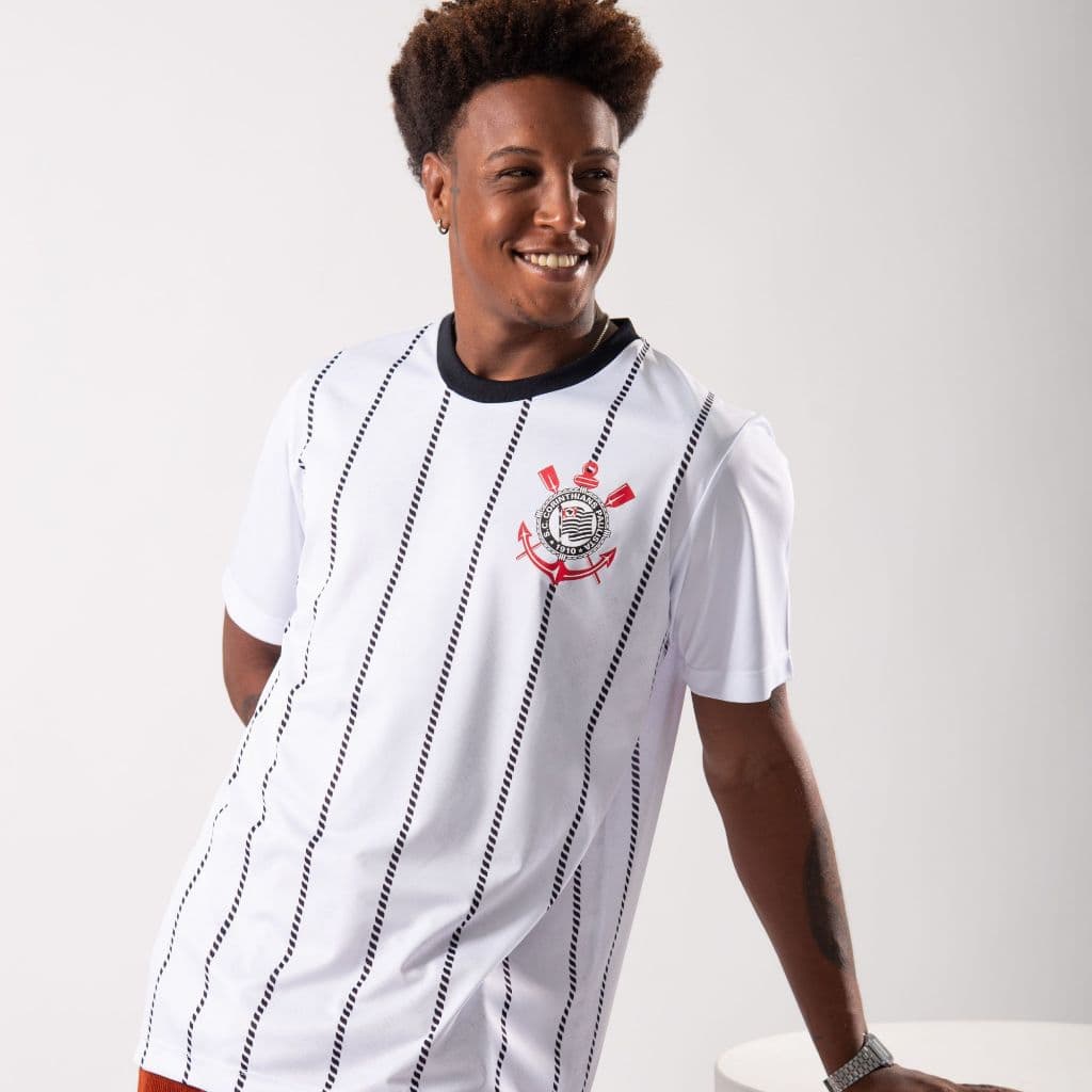Camiseta Corinthians Masculina Licenciada Braziline Branca Listra Camisa de Time Torcedor Casual Timão Original Premium