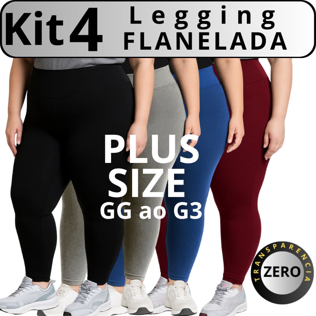 Kit 4 ou 3 Calças Legging Flanelada Plus Size Feminina Cintura Alta Zero Transparência GG G1 G2 G3