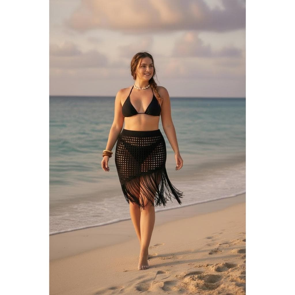 Saia Saída de Praia com Franja em Tricot Premium Moda Praia Feminina Verão
