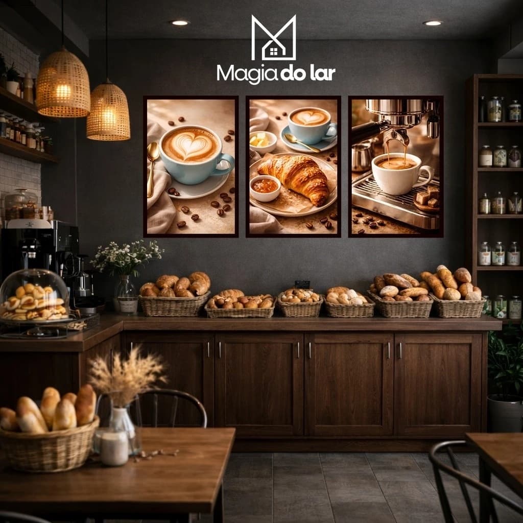 Kit 3 Peças Quadros Decorativos Padaria Mercado Quitanda Tema Pães Doces Café Decoração Parede Sala Comercial Loja