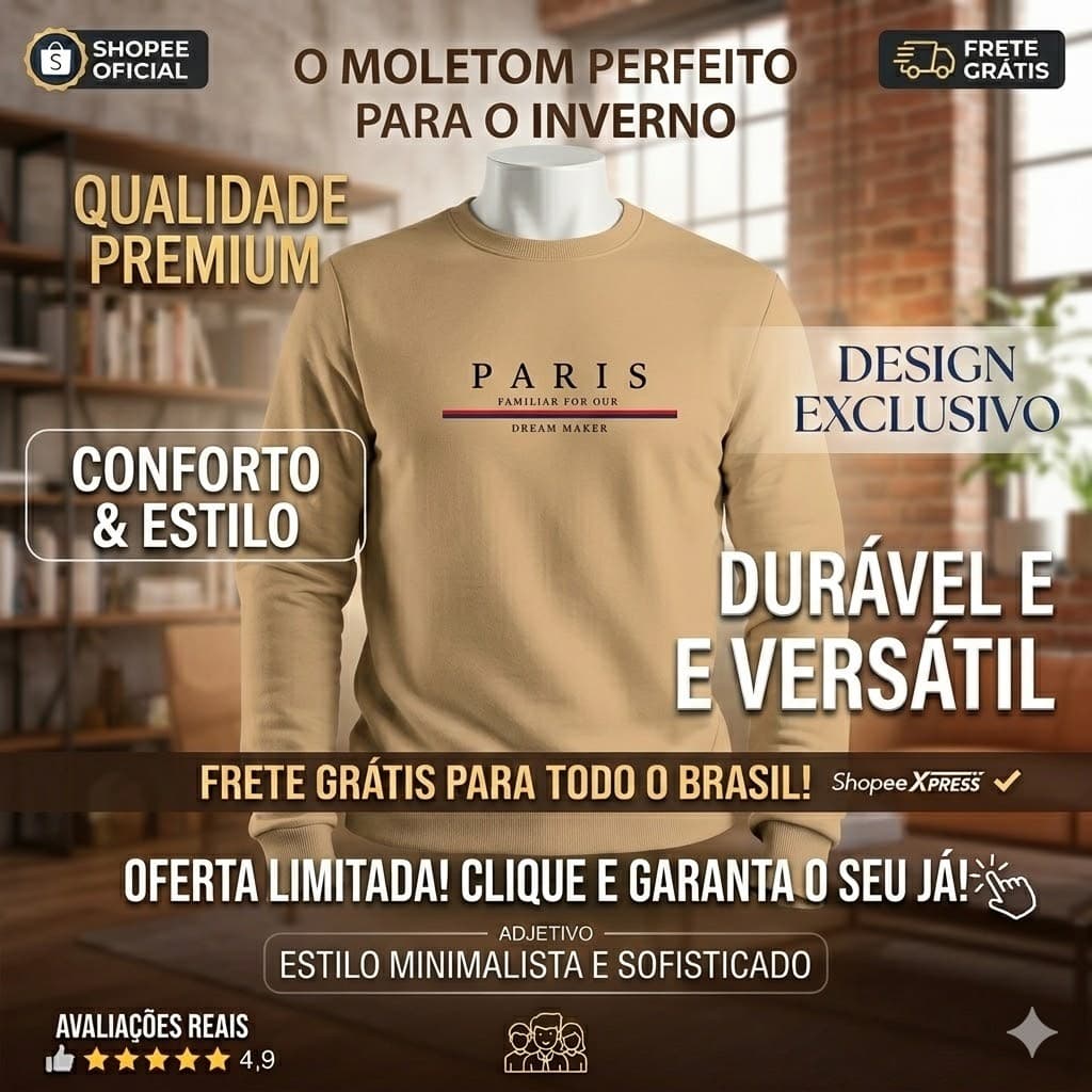 Blusa Moletom Paris Casual Flanelado Careca Gola Redonda