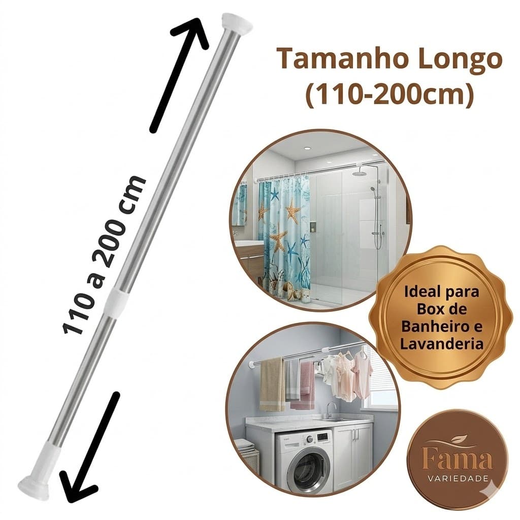 Varão Tubo Extensível Ajustável Barra Cortina Roupas Box Banheiro Divisória Lavanderia Fama