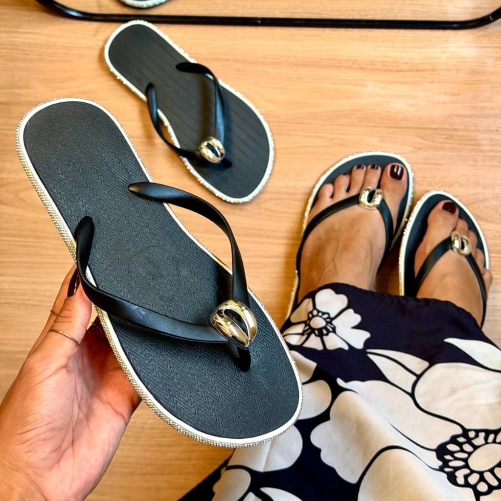 Chinelo Feminino Preto Rasteirinha Verão Casual Confortável Macio Elegante Peça Ouro