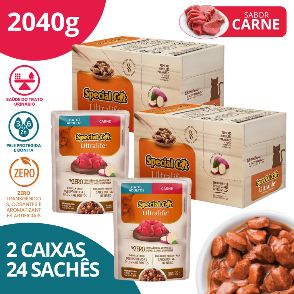 Kit 2 Caixa 12 Special Cat Ultralife Sachê Adultos Sabor Carne - 85g