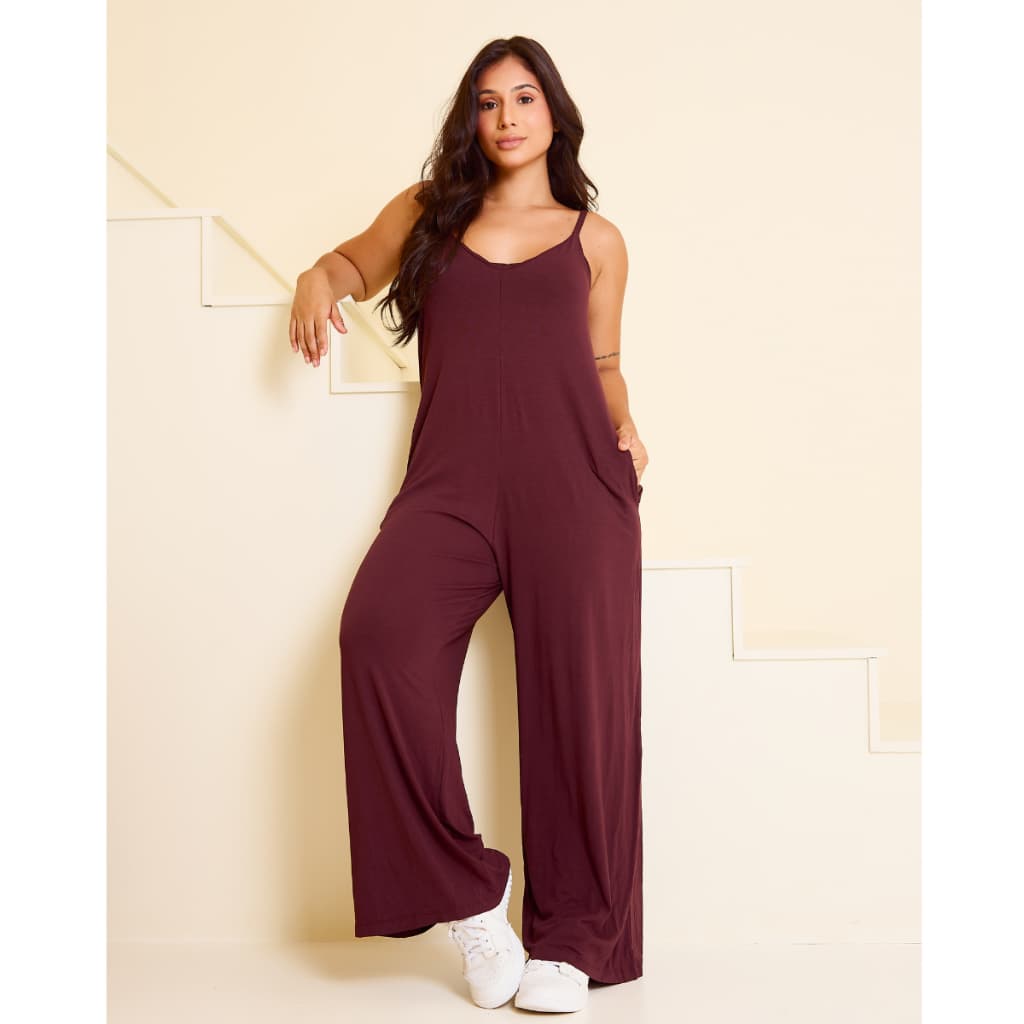 Macacão Feminino Longo Pantalona Viscolycra Alça Fina Decote V Bolsos Casual Elegante Confortável