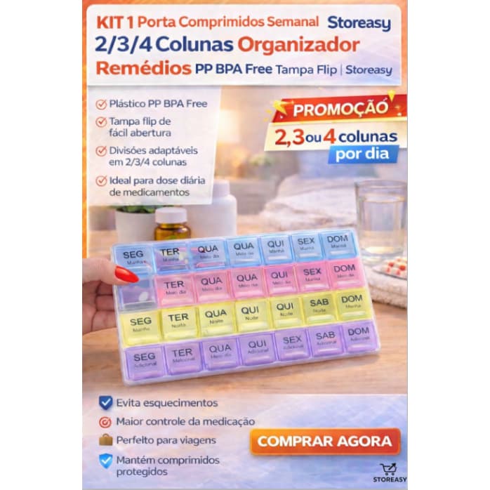 Porta Comprimidos Semanal tamanhos de 2/3/4 Colunas Organizador Remédios PP BPA Free Tampa Flip | Storeasy