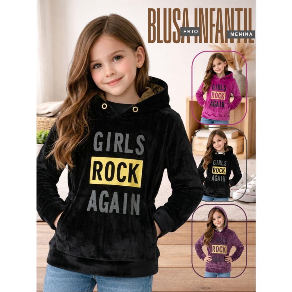 Casaco Infantil Feminino Moletom Aberto com Capuz Ideal Inverno