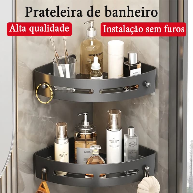 Kit Para Banheiro Prateleiras Cantoneira Organizador com Adesivo Sem Furo Premium Qualidade Preto