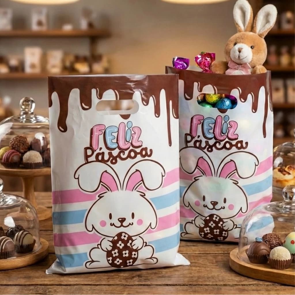 Sacolas Plásticas Boca De Palhaço Para Loja | Modelo Feliz Páscoa | Tam. G e M