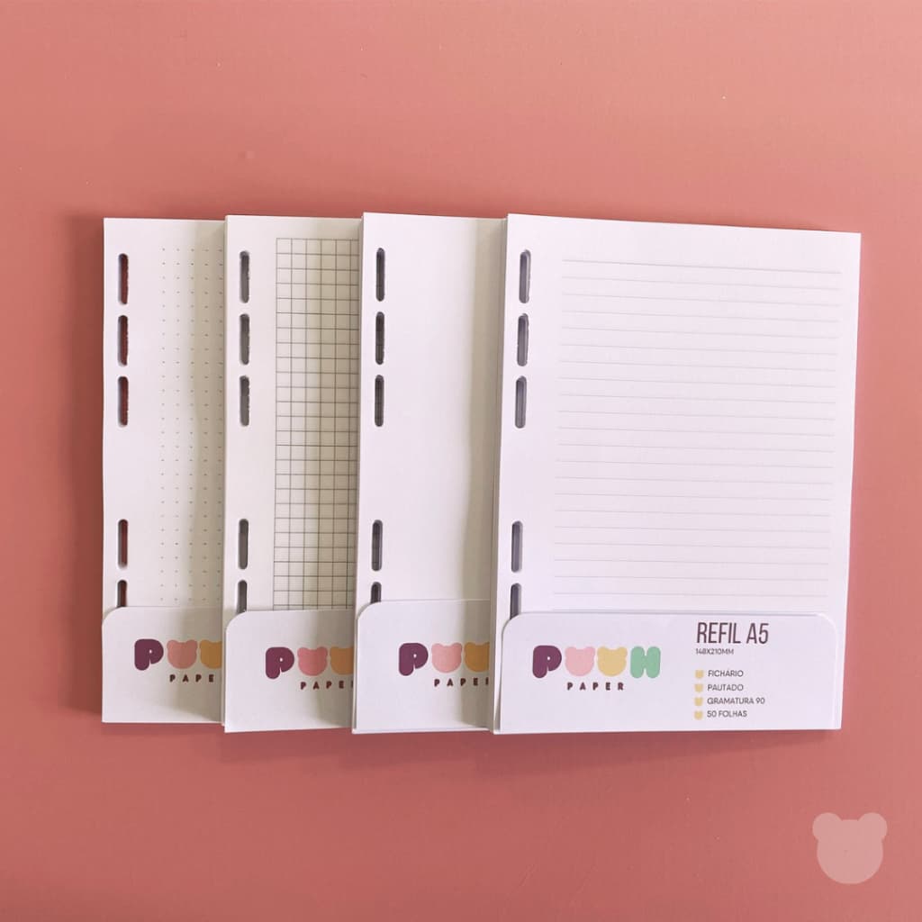 Refil Fichário Caderno Argolado A5 4/6 Furos Universal 50/100 Folhas - Pautado, Quadriculado, Pontilhado, Liso
