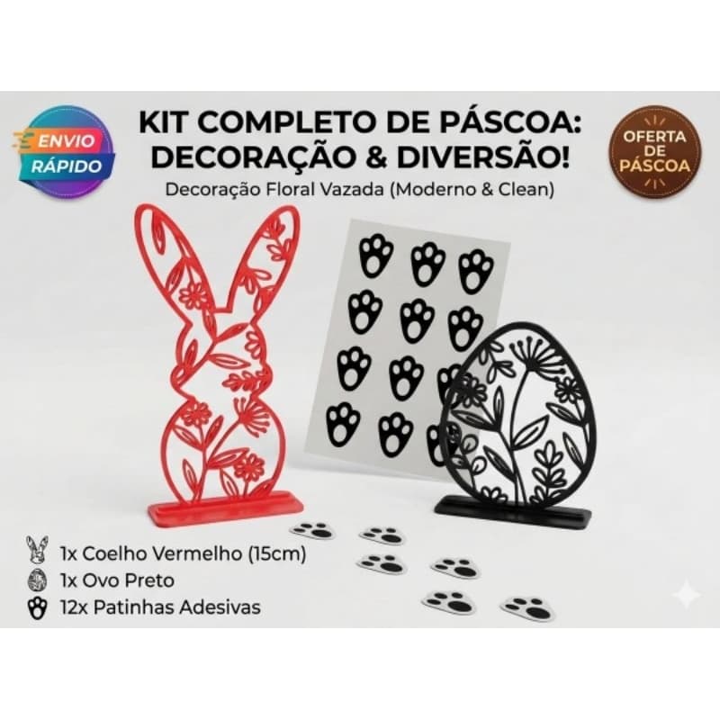 Kit Decoração Páscoa Moderna: Coelho Floral 15cm + Ovo Preto + 12 Patinhas Adesivas