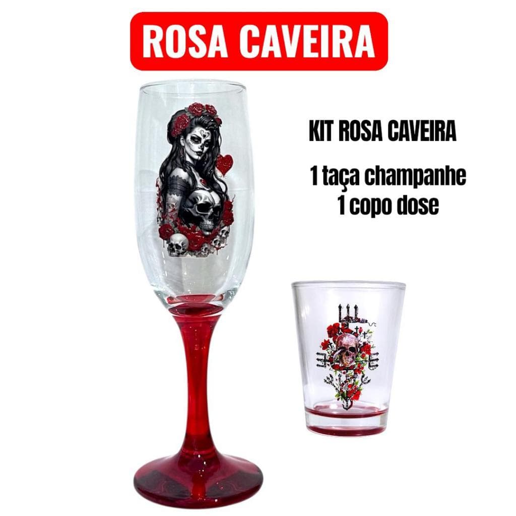 Taça Rosa Caveira Pomba Gira + Brinde / Umbanda Vidro para Firmeza - Taça Champanhe 180ml e Copo Dose 40Ml
