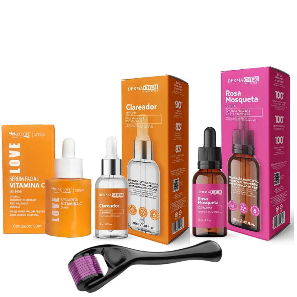 Kit Sérum Microagulhamento Dermaroller Facial Niacinamida Vitamina C Rosa Mosqueta Anti Acne e Manchas 0.5-1-1.5