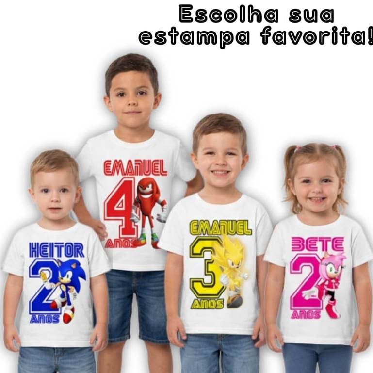 Camiseta Camisa Infantil Sonic Relâmpago Filme Geek Nome e idade Personagens