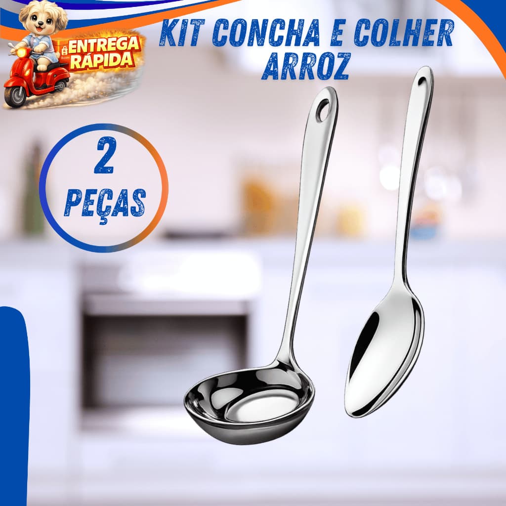 Kit Concha Colher de Arroz Cozinha Utensílios Aço Inox Resistente Servir Arroz Feijão Caldo Feijoada