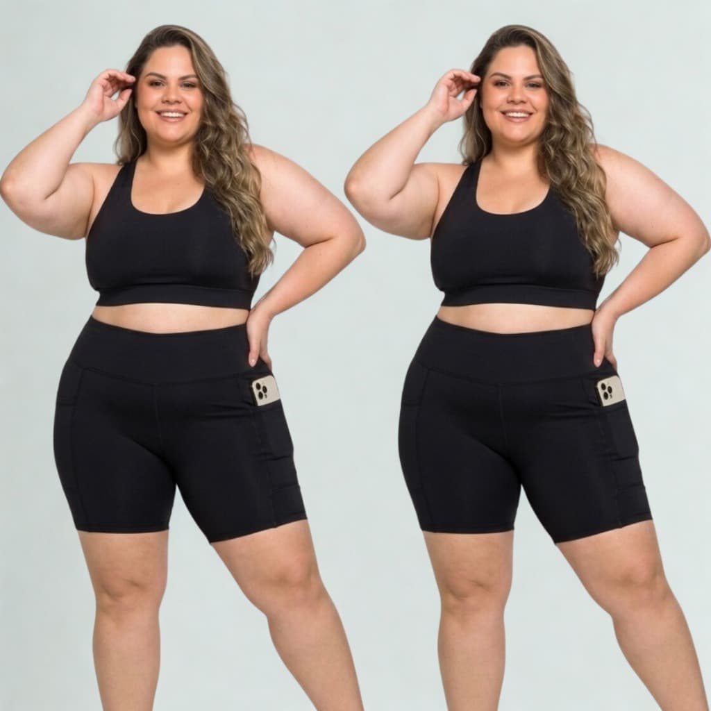 Kit 2 Conjuntos Fitness Feminino Plus Size Cintura Alta Short Bolso Suplex Compressão Academia G1-G3