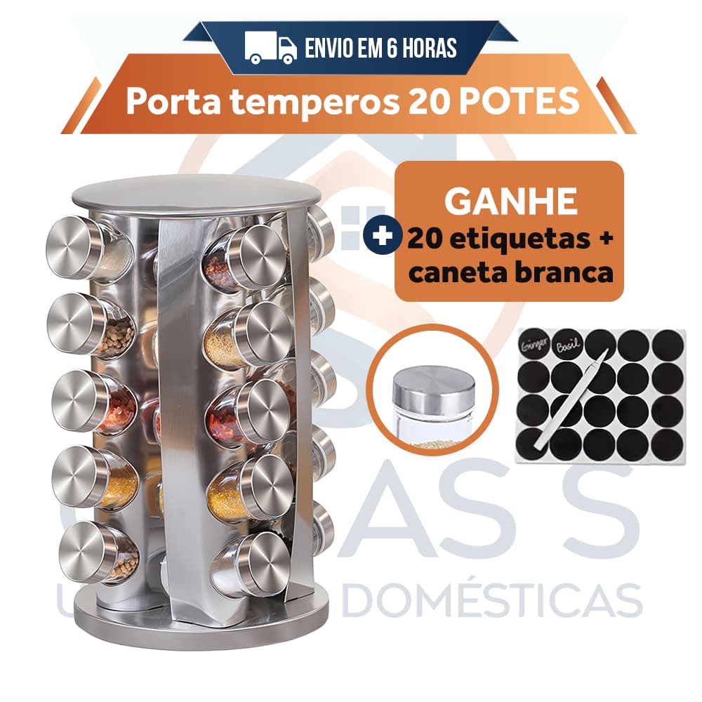 Kit Com Porta-Temperos Giratório de Inox (1 unidade) + 20 Potes de 100ml + 20 Etiquetas + Caneta