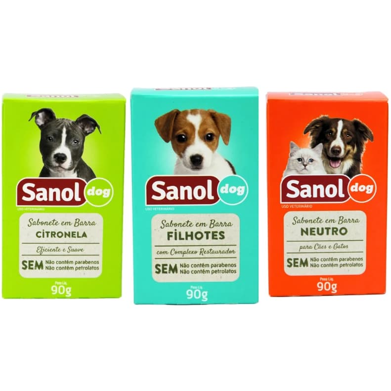 Sabonete Sanol Dog 90g para Cães e Gatos | Filhotes, Citronela ou Neutro | Higiene e Banho Pet