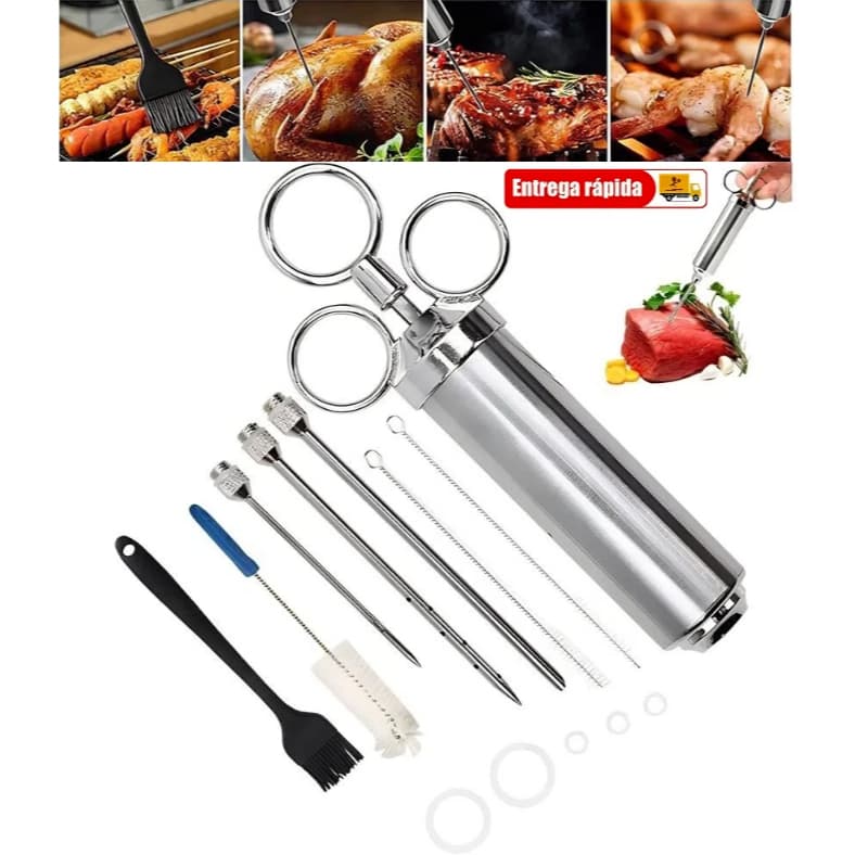 Seringa Culinária Inox Tempero Carnes Aves para Carne e Frango, c/ Agulha e Acessórios Silicone