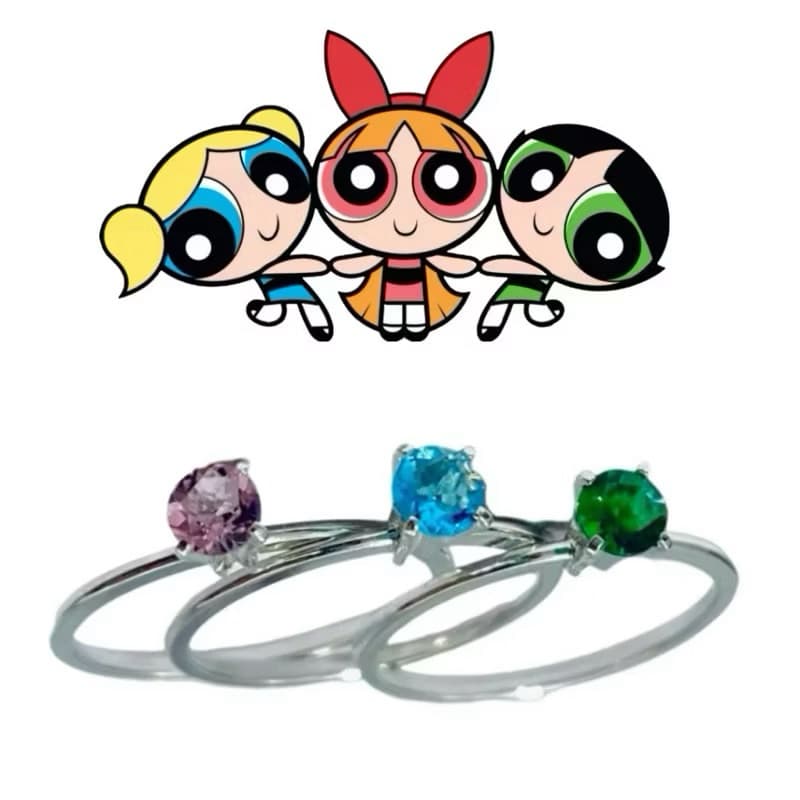 Trio de Anel Solitário Meninas Super Poderosas aço inox Com Pedras de Zircônia