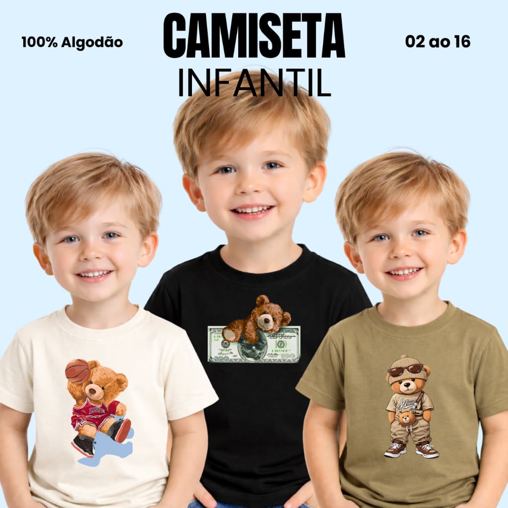 Camiseta INFANTIL Urso Menino e Menina - 100% Algodão
