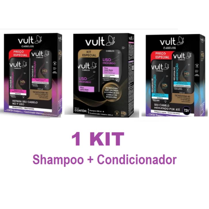 Shampoo Vult + condicionador de 200ml cada.  Kit Hidratação capilar ou Reconstrução ou Lisos
