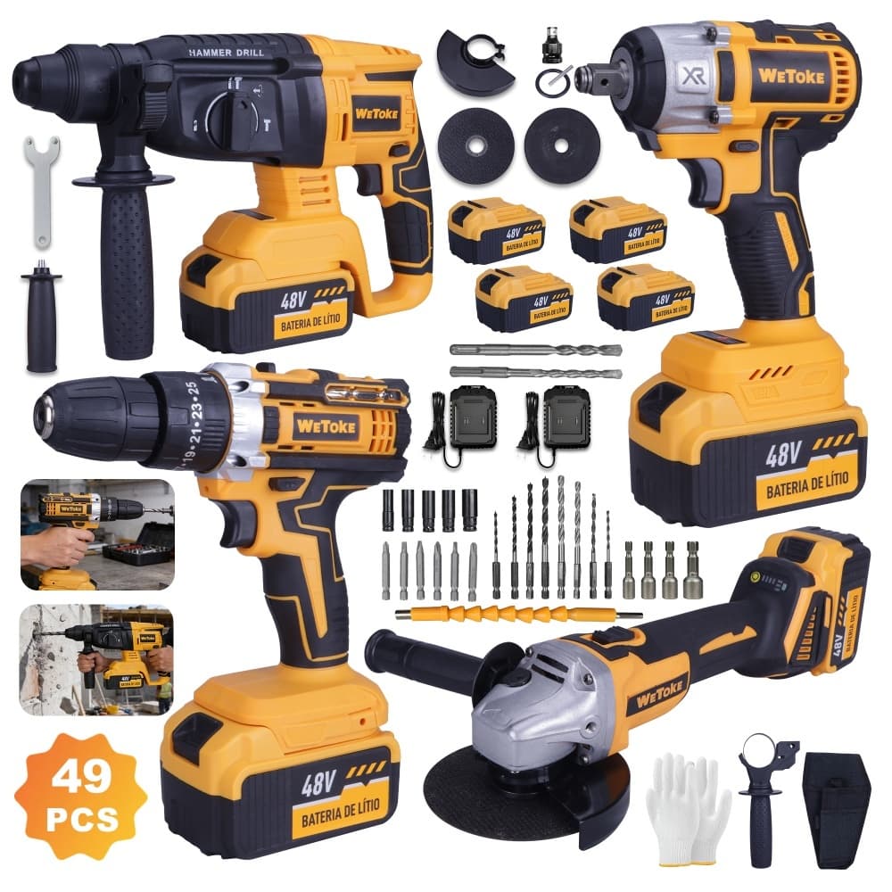 🔥 Kit de Ferramentas 4 em 1 48V Sem Fio – Furadeira, Martelete, Esmerilhadeira e Chave de Impacto