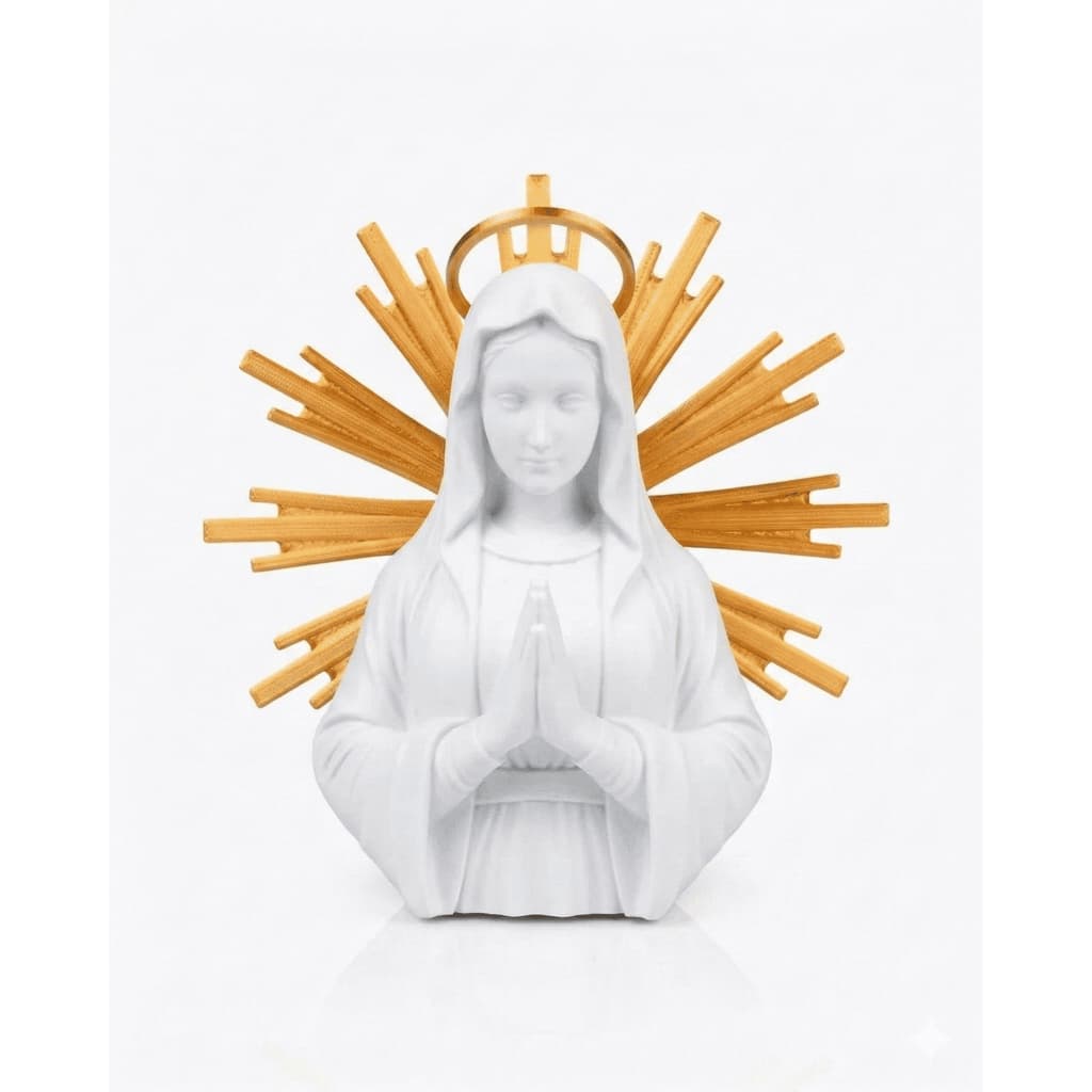 Escultura Santa Maria Virgem Maria Nossa Senhora Minimalista 18cm Decorativa 3D Branca Auréola Dourada