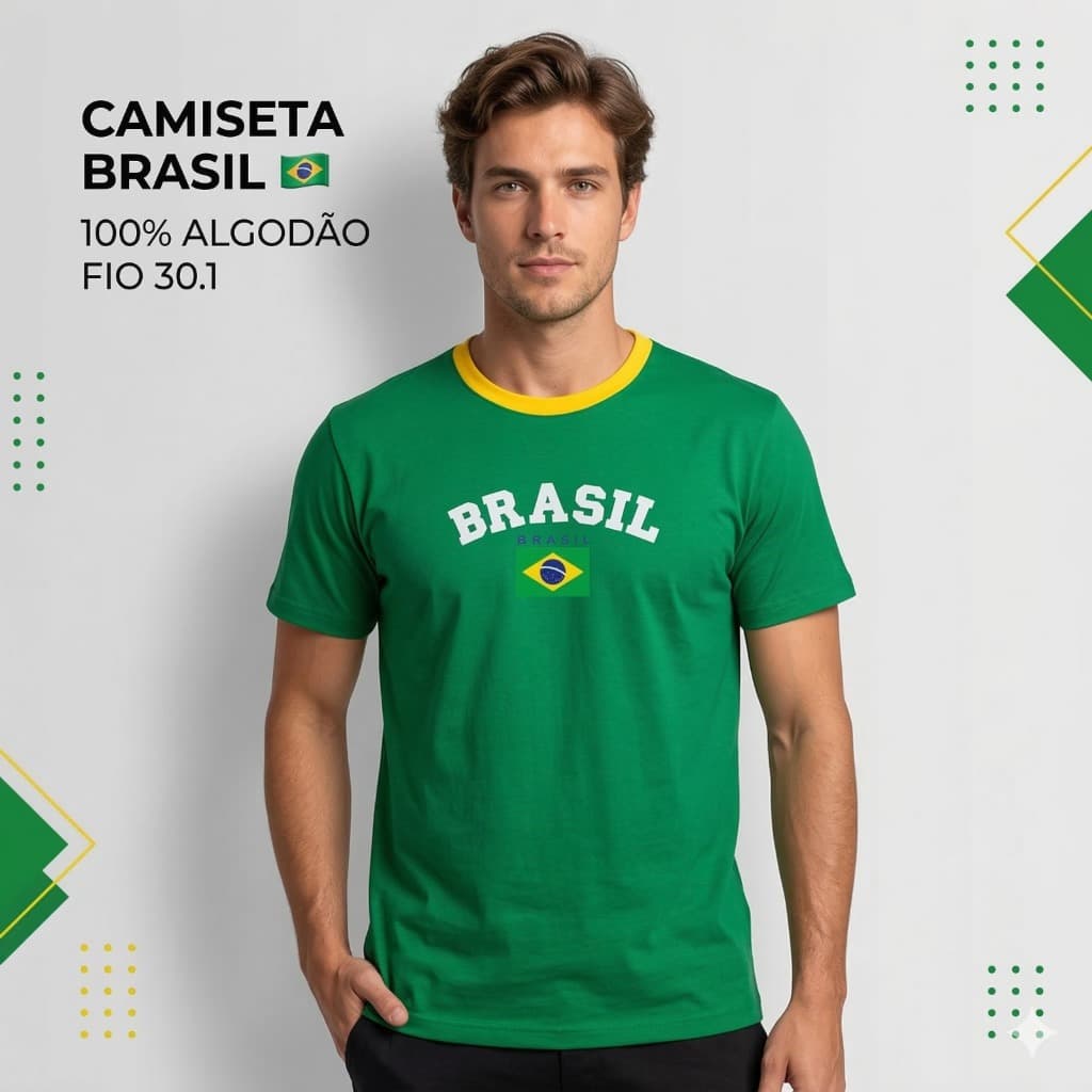 Camiseta Brasil Masculina 100% Algodão Fio 30.1 Camisa Brasil Copa Seleção Brasileira Estampada DTF