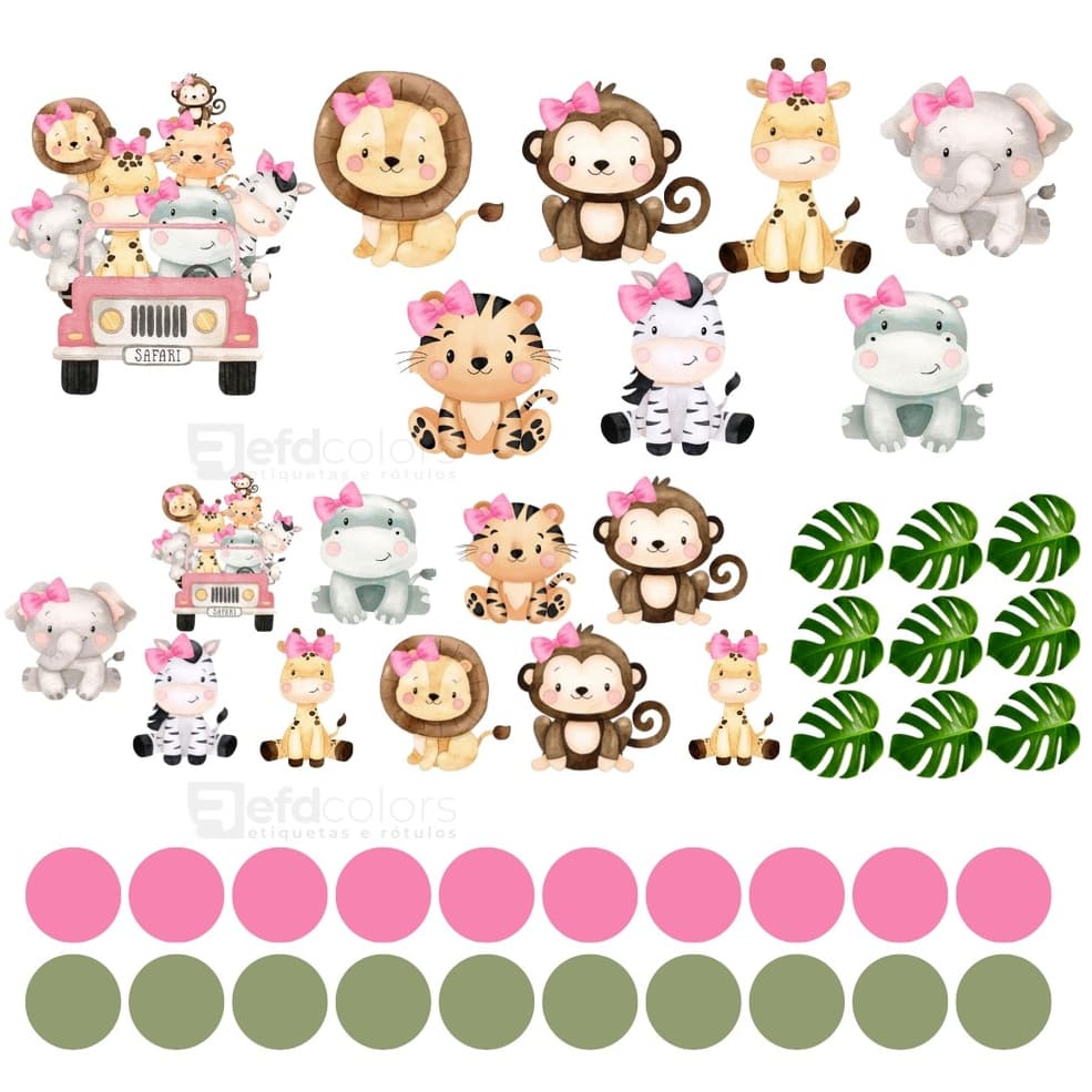 Kit de 47 Adesivos Recorte Animais Safari + Bolinhas - Papel de Parede Infantil OFERTA