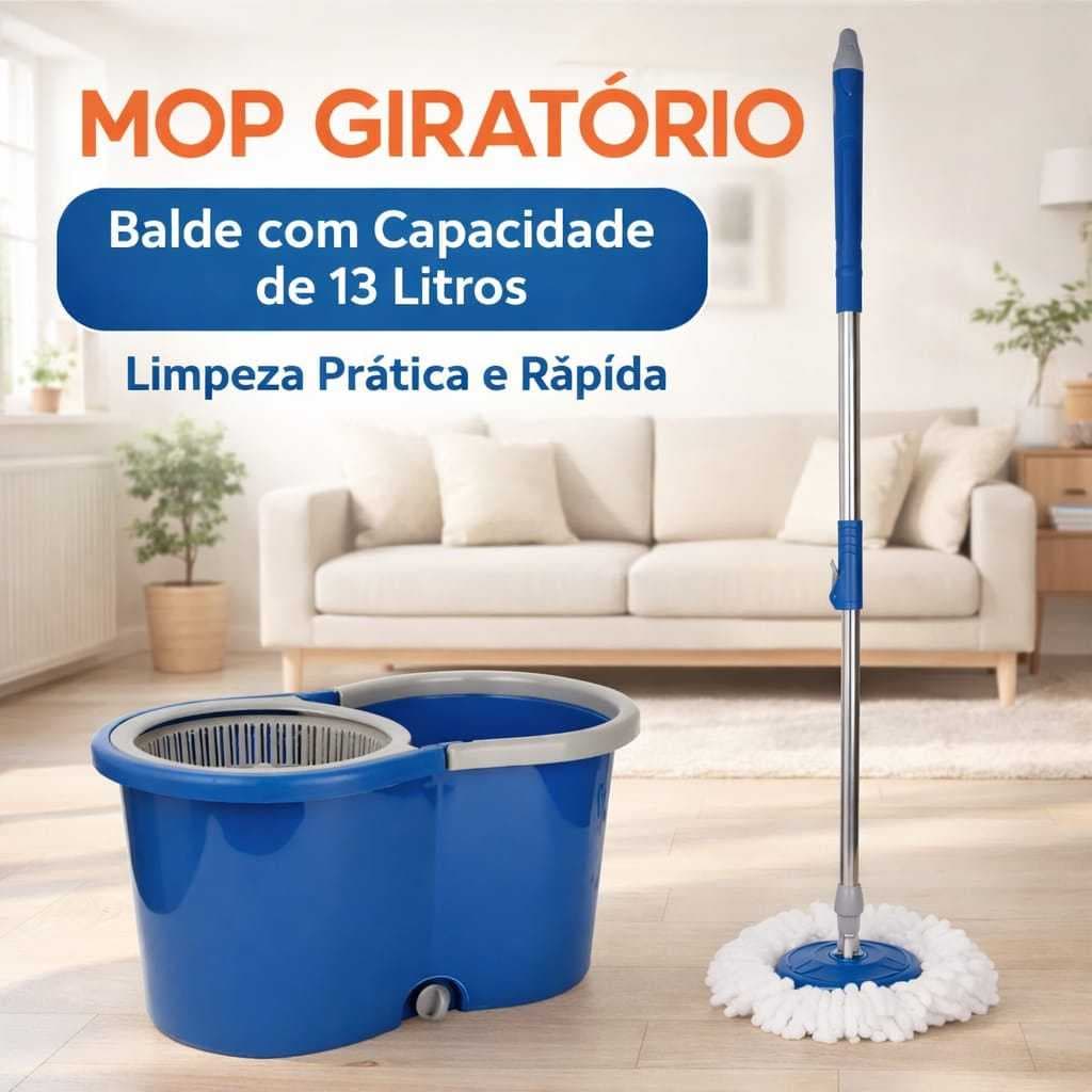 Mop Giratorio Balde Grande Secagem Rapida Limpeza Facil 13 Litros Alça Resistente