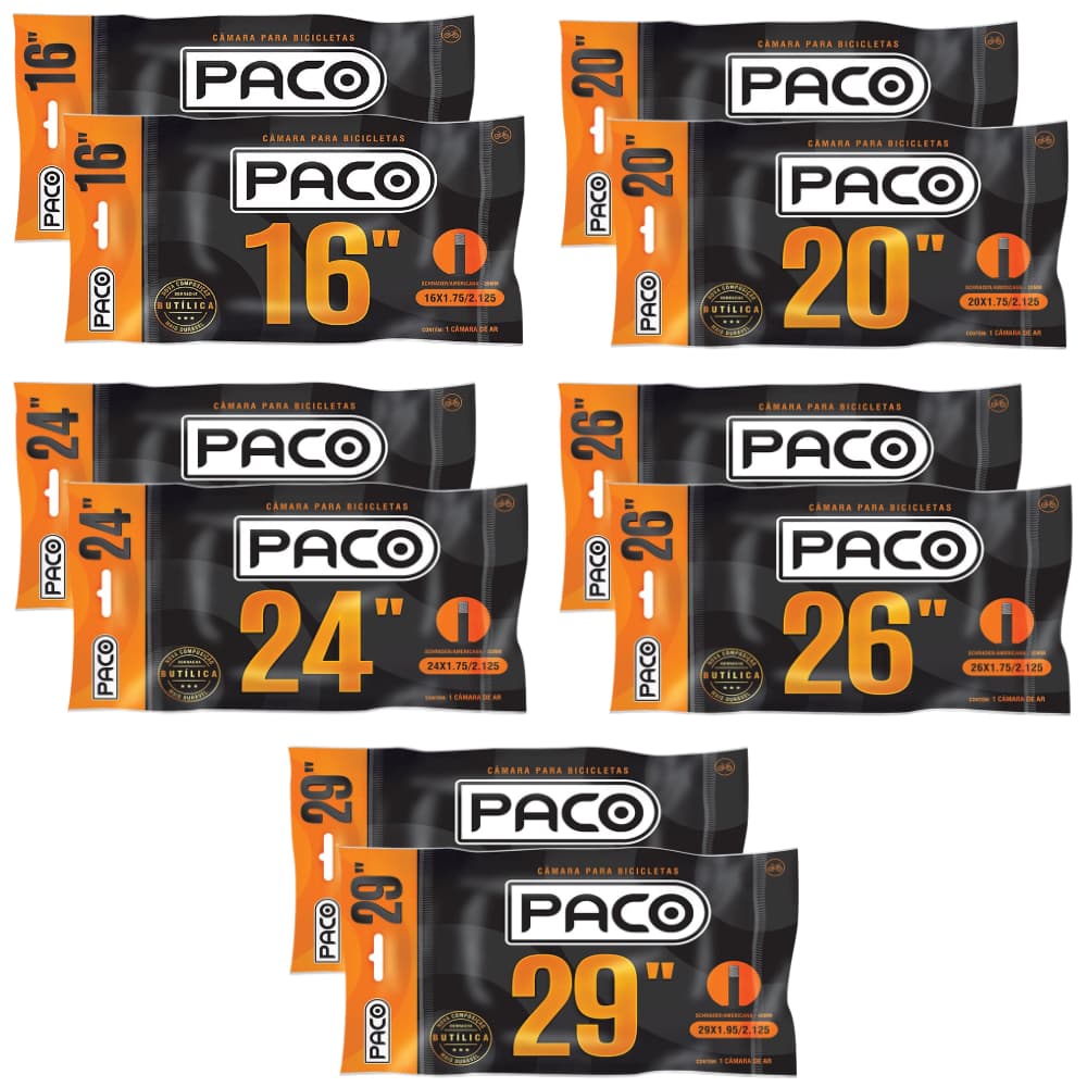 Kit 02 de Câmaras de ar Paco aros 16 20 24 26 29 bico grosso