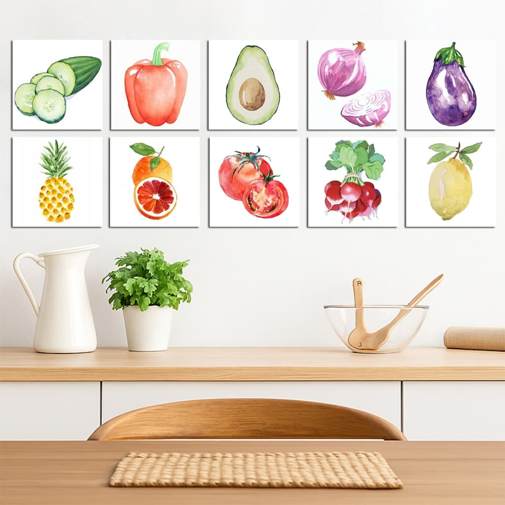 Kit Mosaico 10 Quadros MDF 20x20cm – Frutas & Legumes Aquarelados Decoração Moderna Cozinha, Bistrô e Copa