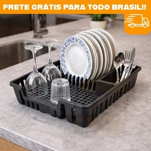 Escorredor de Pratos 12 Pratos Cozinha Preto Porta Talheres Copos Secador de Louça Plástico Durável