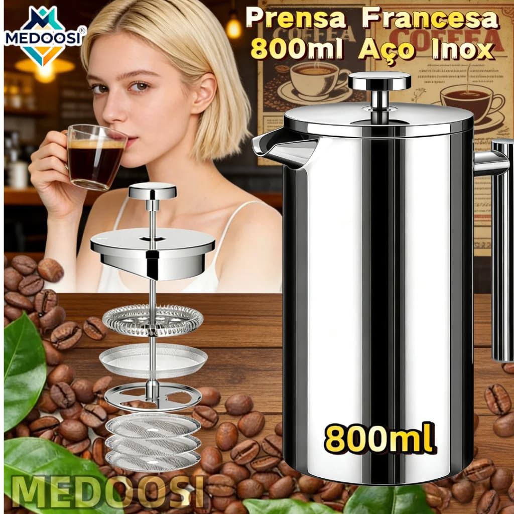 MEDOOSI Prensa Francesa 800ml Aço Inox - Cafeteira e Infusor de Chá | Filtro 4 Níveis, Mantém Temperatura e Sabor
