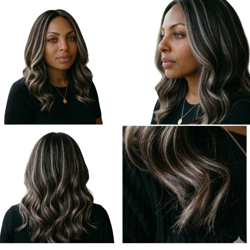Peruca lace Wig fibra orgânica castanho escuro e luzes