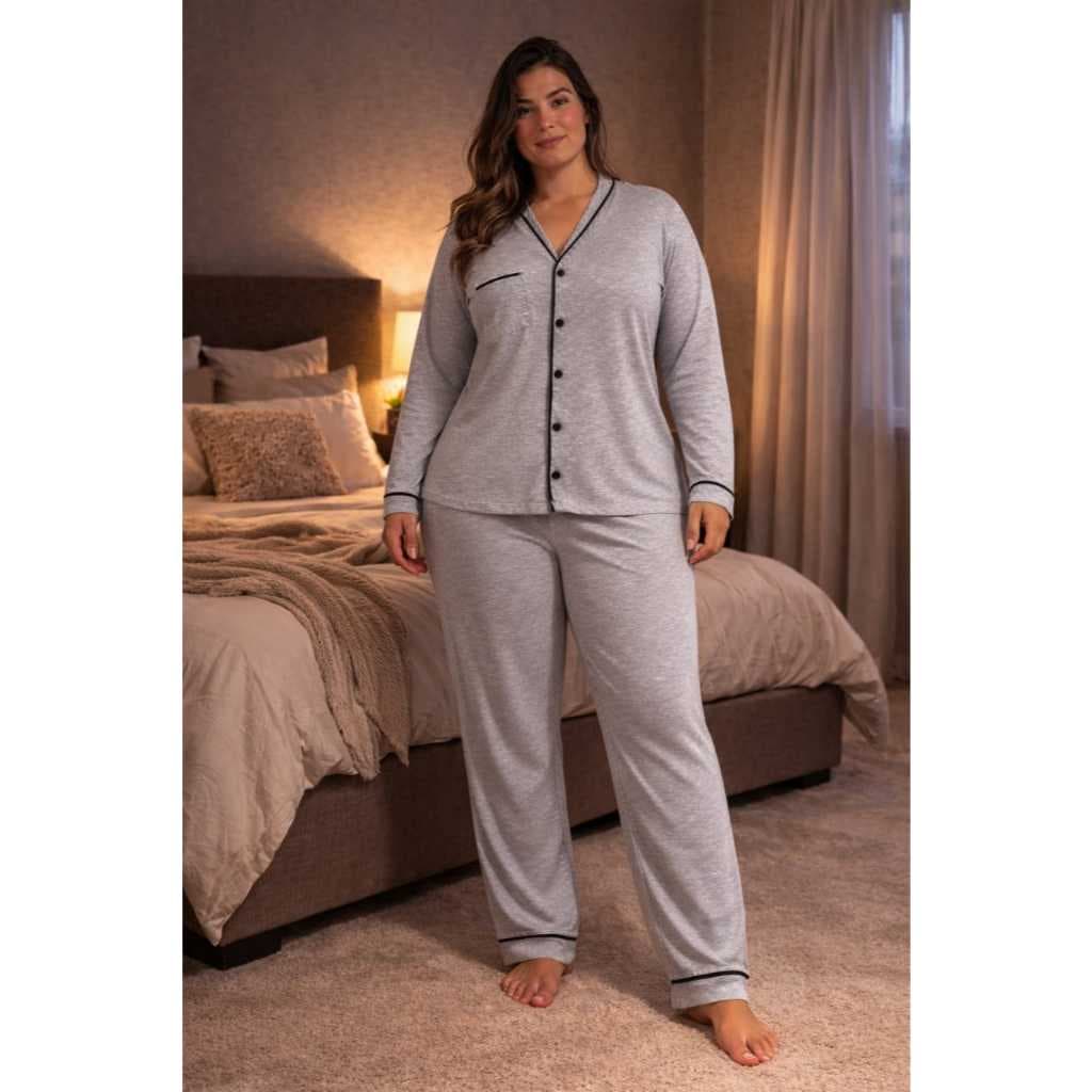Pijama Americano Feminino Longo Plus Size De  ALGODÃO Aberto Com Botões