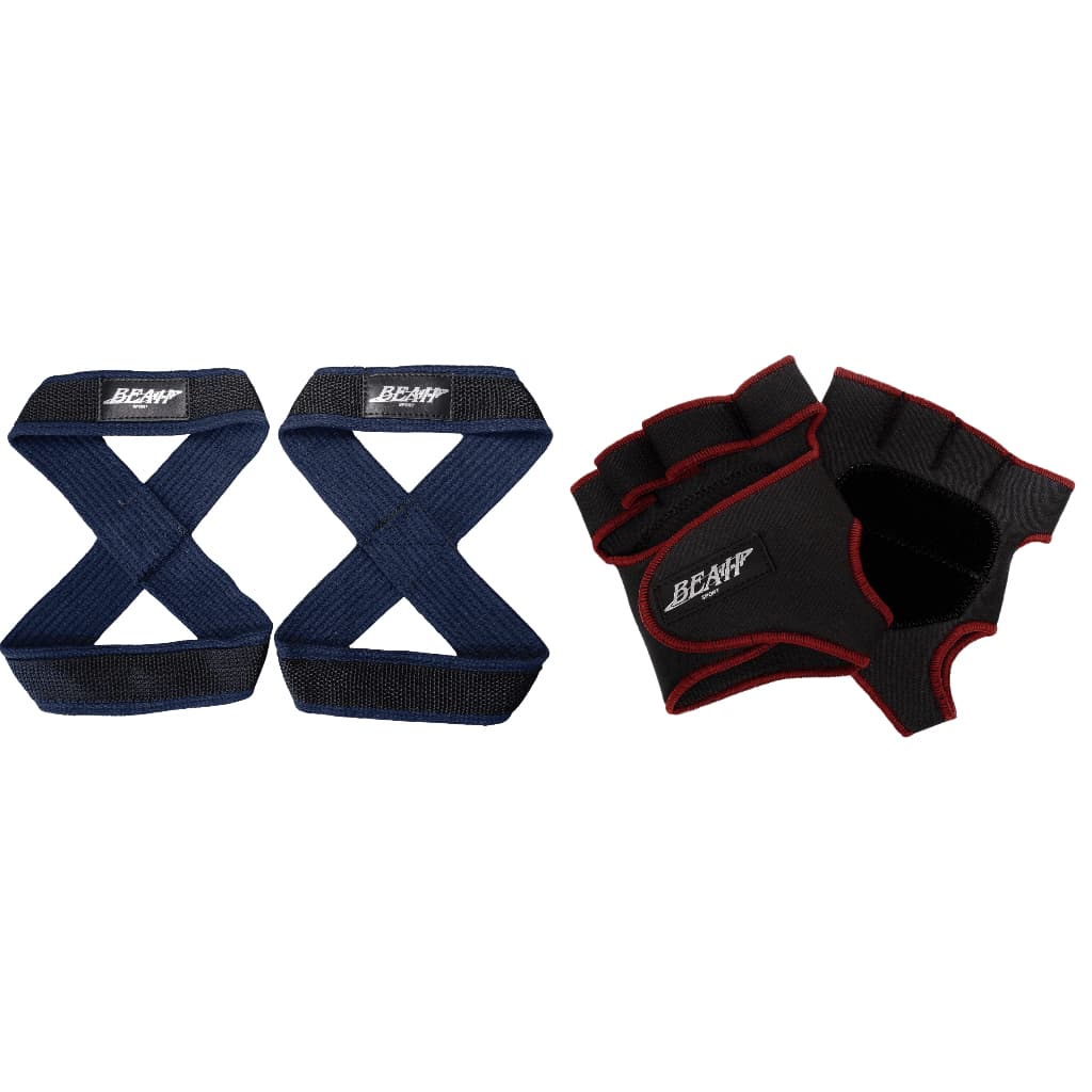 Kit 1 Par De Luvas De Academia Vermelho + 1 Par de Talas Straps 8 Azul Para levantamento de peso