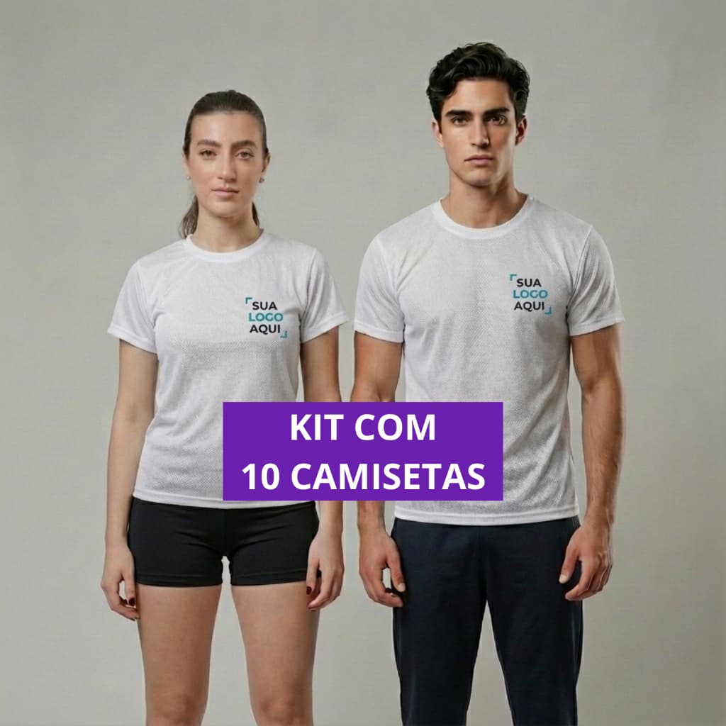 KIT 10 Camisetas Brancas DRY FIT Estampadas Personalizadas Com Sua Logo Respirável Térmica UV