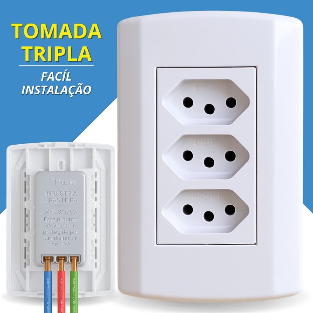 Tomada Tripla 10A 20A Amperes Monobloco Modular 4x2 Pluzie