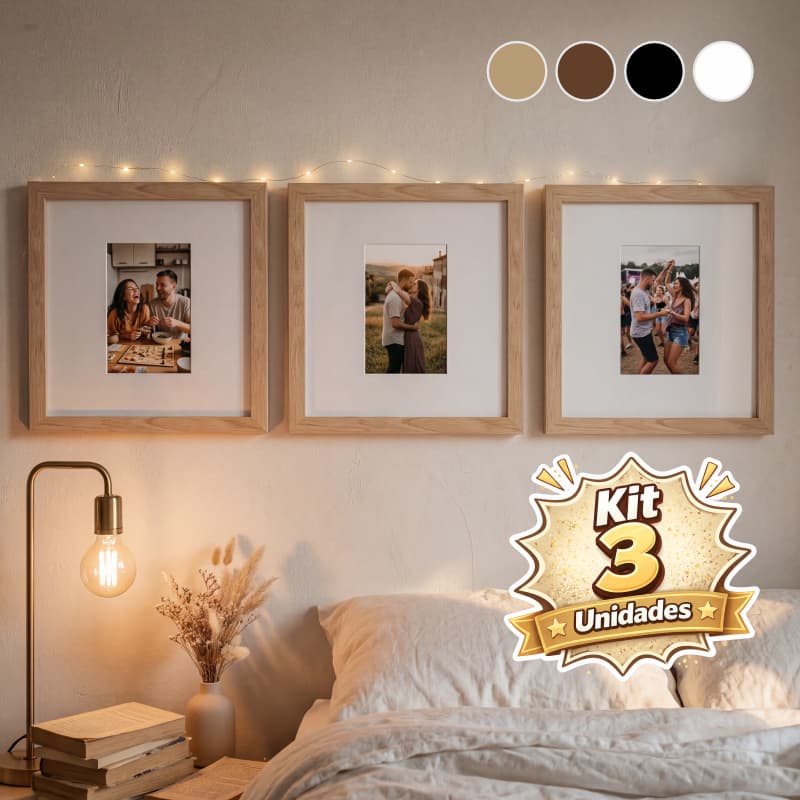 Kit 3 Quadros Decorativos Moldura Fotográfica 23x23cm Moldura com Paspatur Foto 10x15