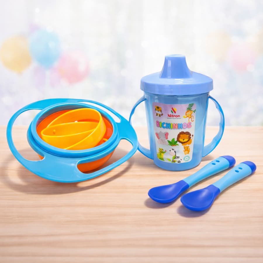 Kit Alimentação Bebê 4 Peças – Prato Giratório + Copo com Alça Dupla + 2 Colheres Termossensível