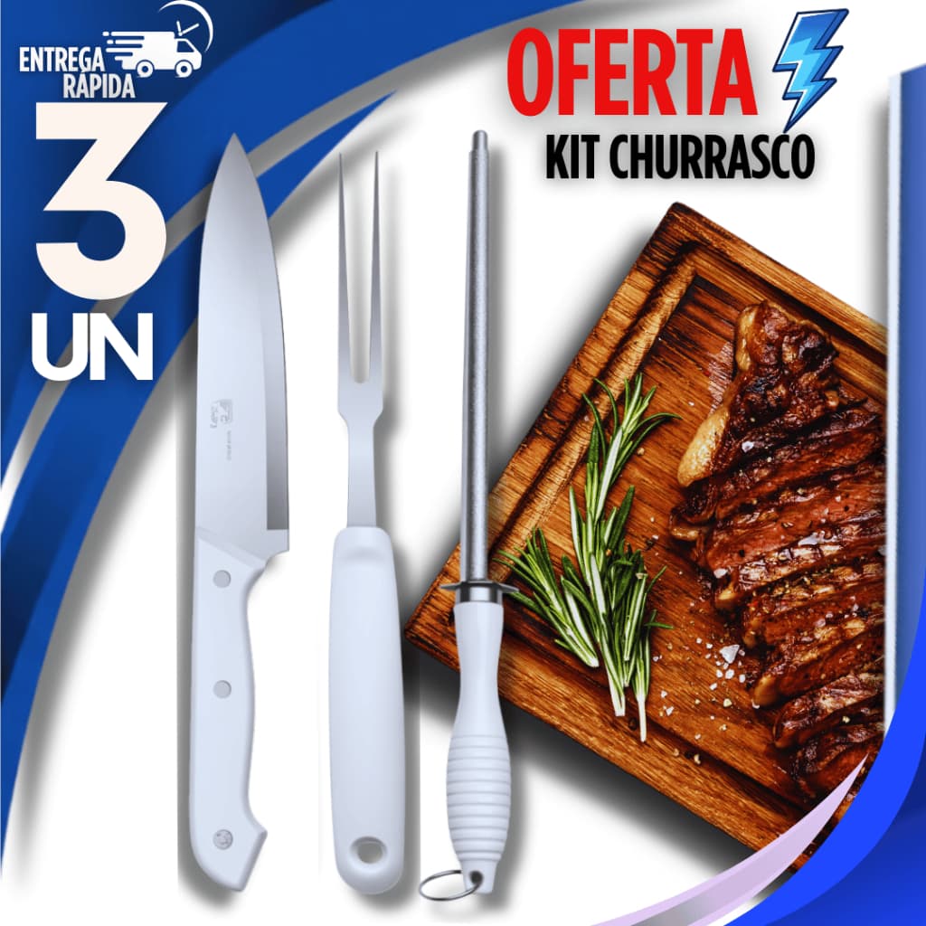 Combo Churrasco Profissional Faca 8'' Chaira Fusível Afiadora de Faca e Garfo Trinchante Inox