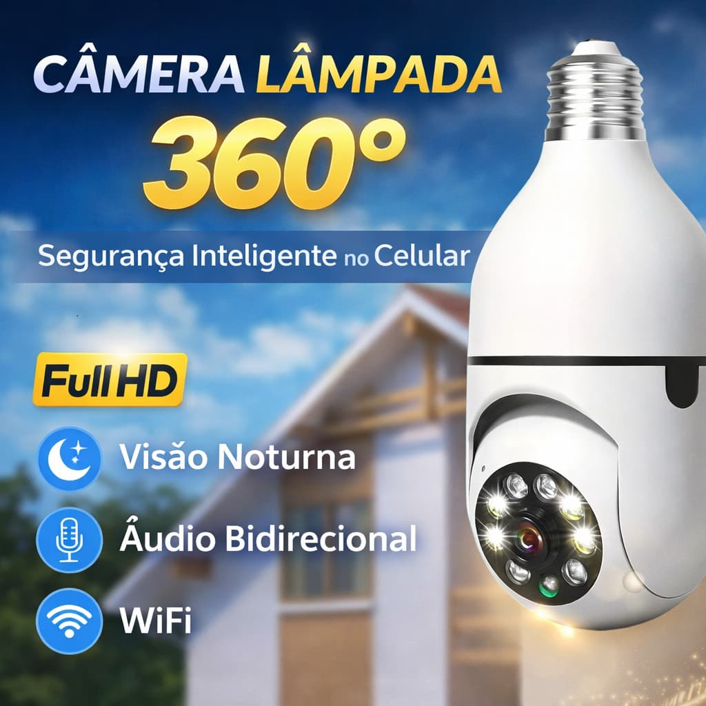 Câmera Lâmpada WiFi 360° Full HD 1080p Segurança Visão Noturna Áudio 2 Vias